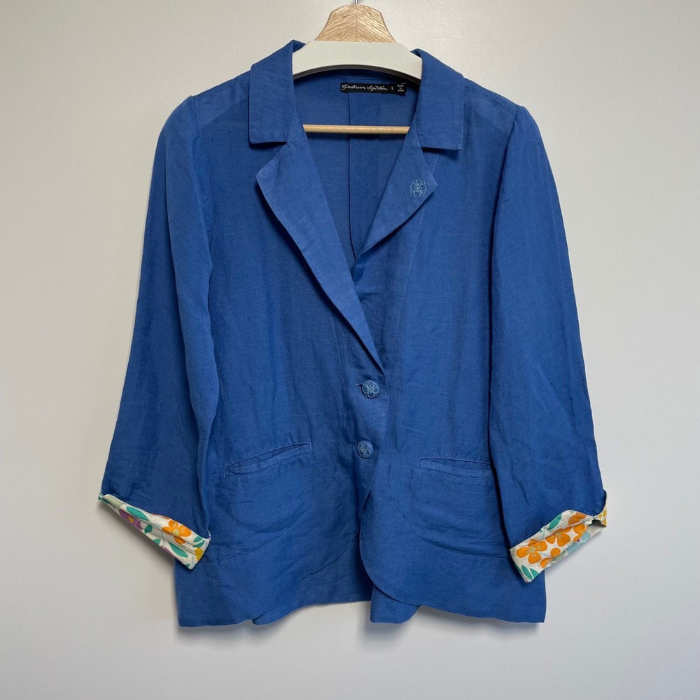 Gudrun Sjoden Blue Linen Modal Blend Blazer Jacket Floral Trim Size S